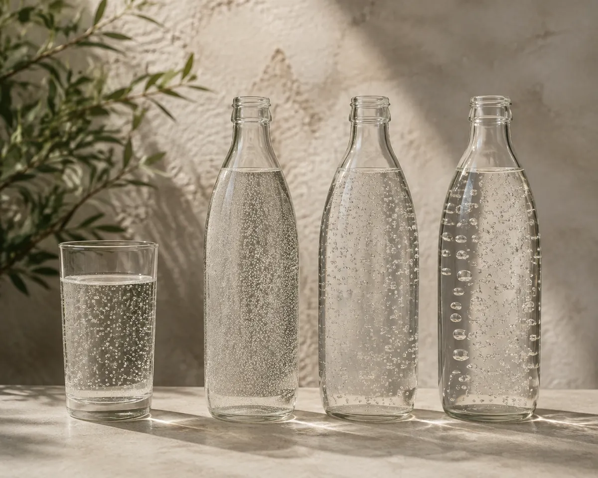 Three plain unlabelled bottles of sparkling water beside a filled glass, the bubble size visibly different in each