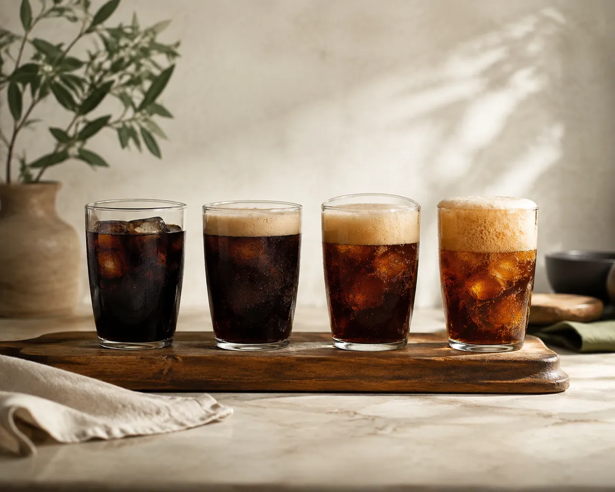 Four glasses of dark soda in a row, differing in depth of colour and head