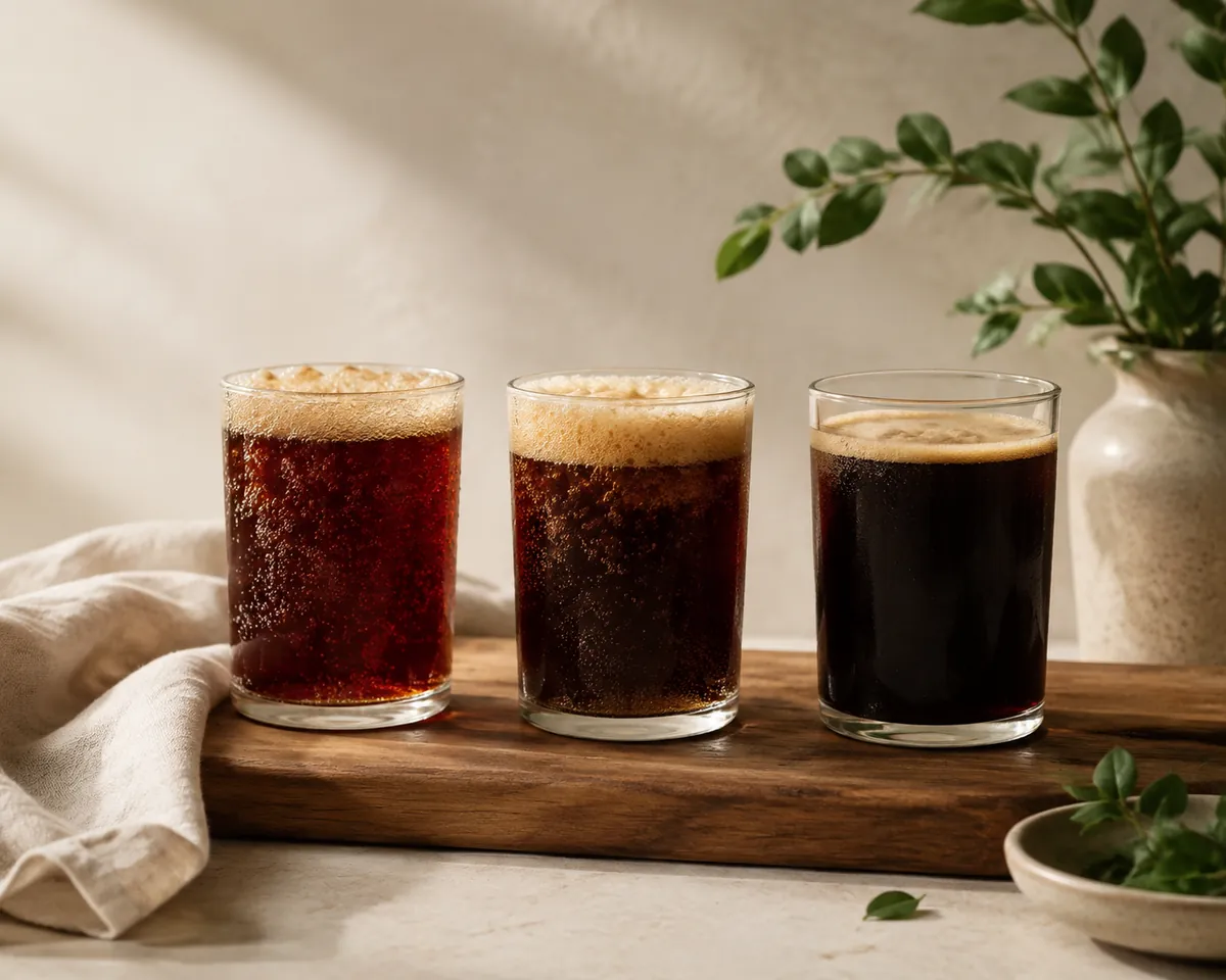 Three glasses of dark soda side by side, differing in depth of colour and head