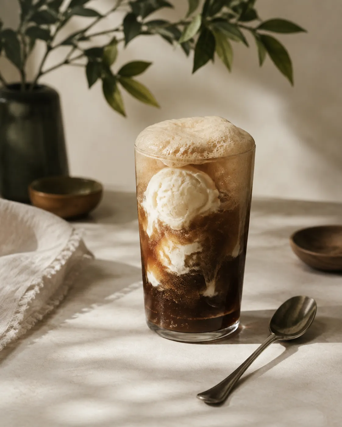 A tall glass of root beer float with foam rising over the rim and a spoon beside it