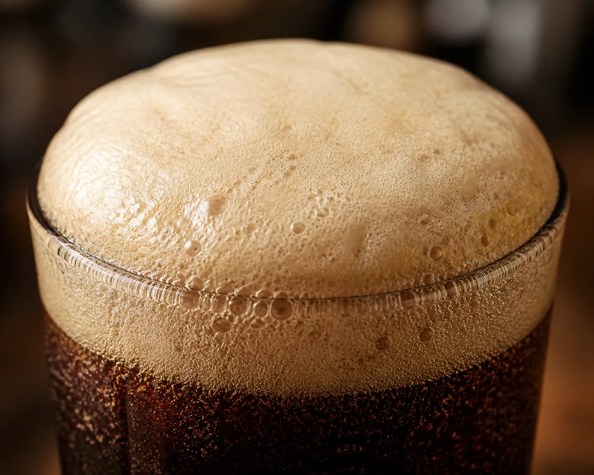 A tall glass of dark root beer with a thick persistent tan foam head rising above the rim