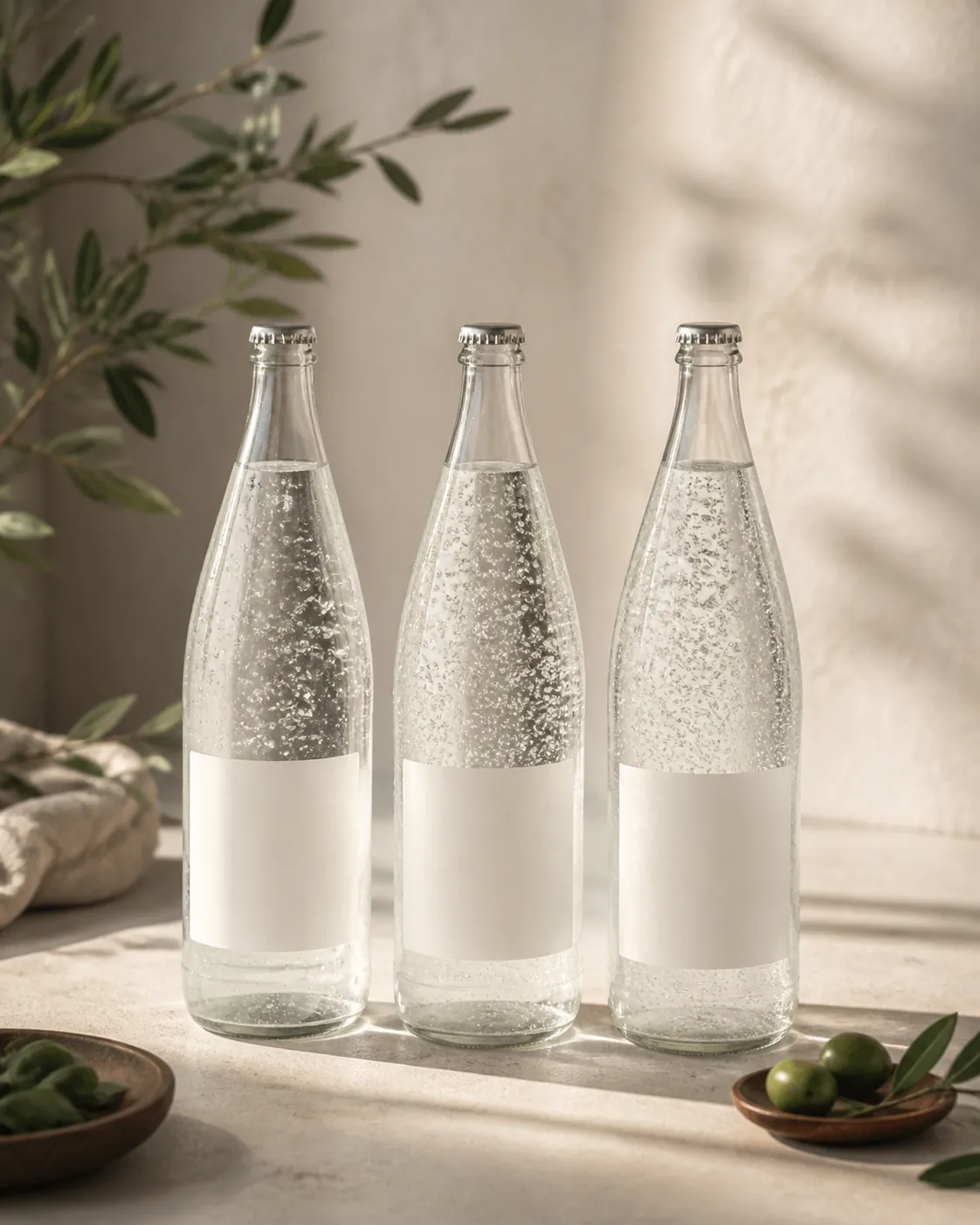 Three plain bottles of clear sparkling water in a row with blank label panels