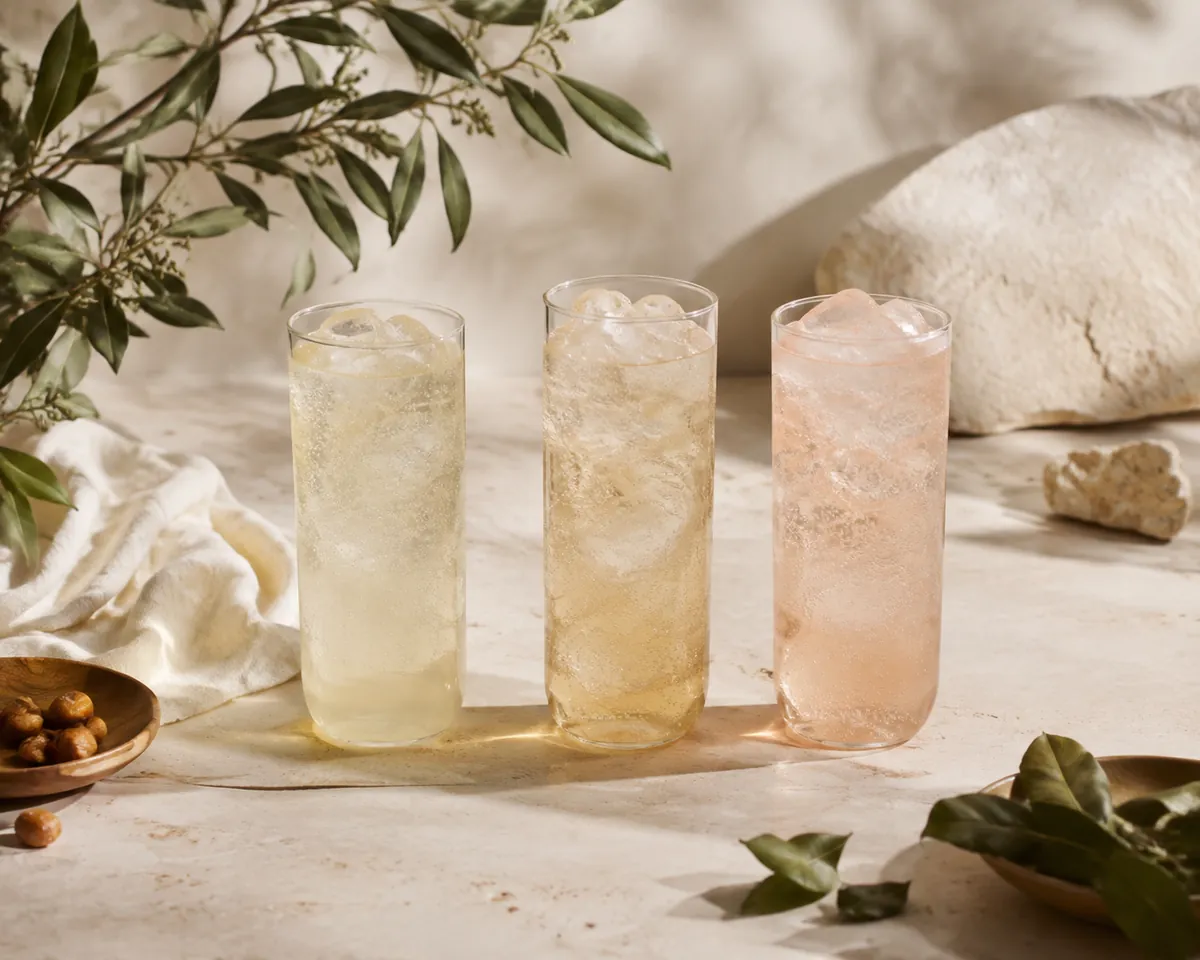 Three tall glasses of pale coloured soda over ice standing in a row