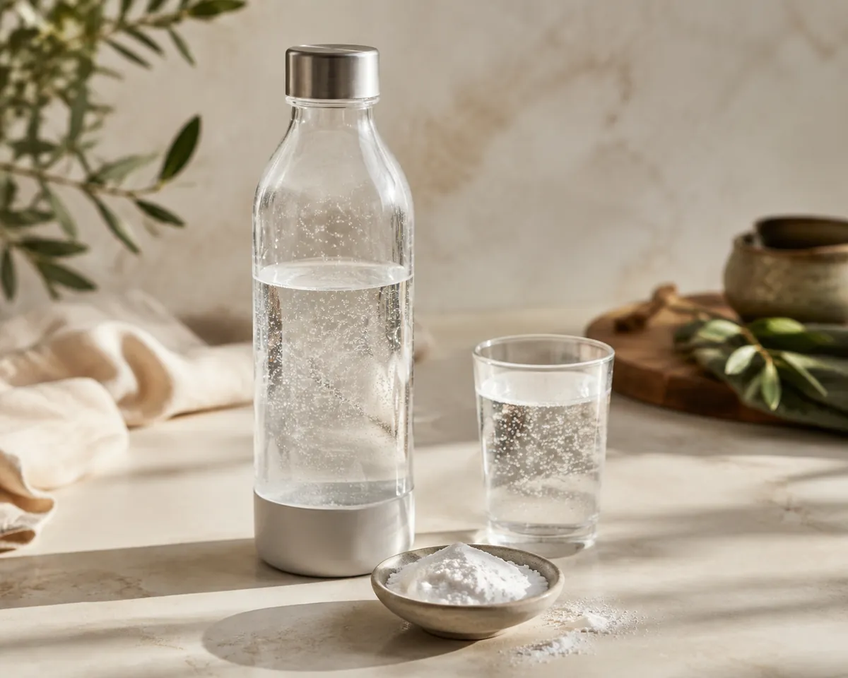 A carbonating bottle beside a small dish of bicarbonate and a filled glass