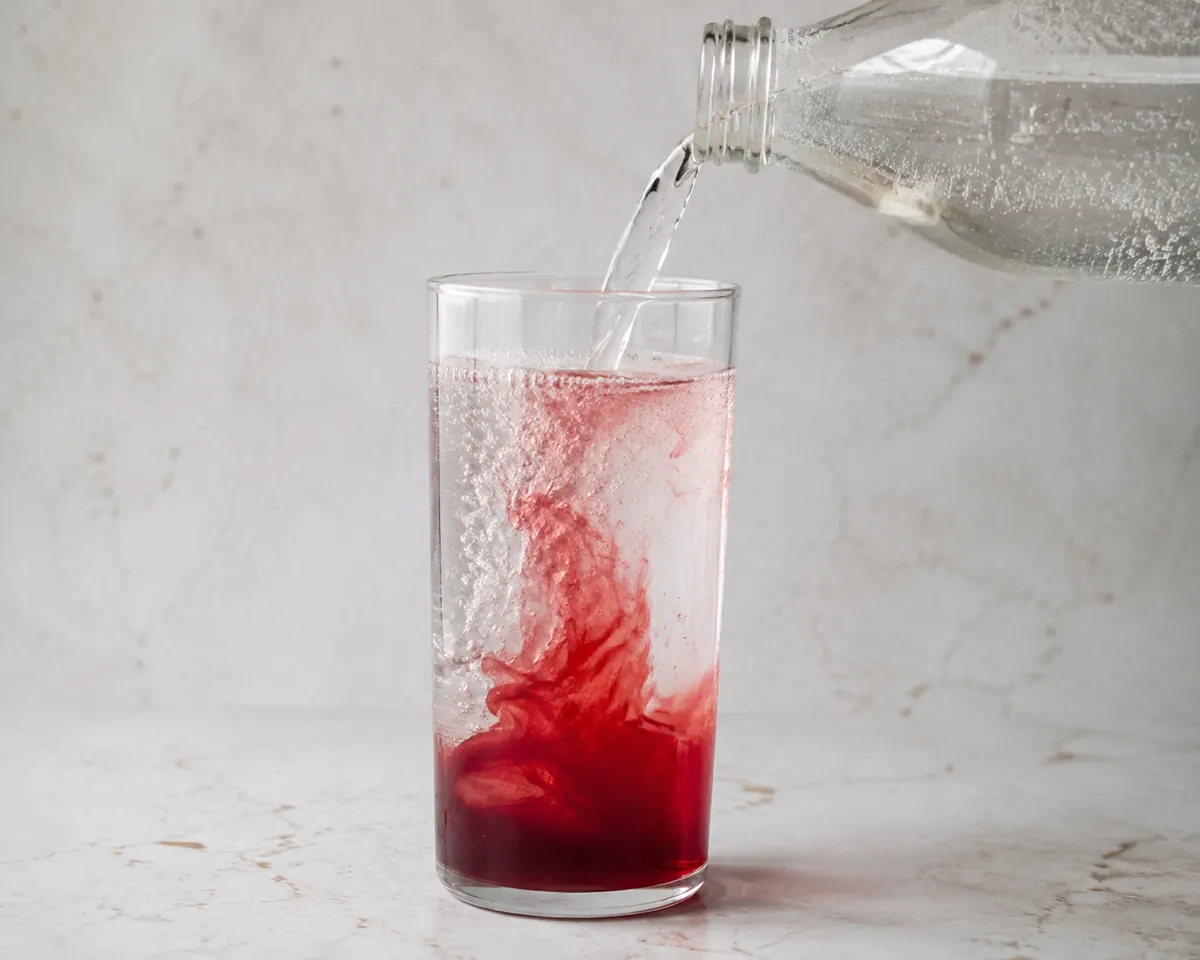 Soda water being poured from a bottle into a tall glass holding red syrup, the two liquids beginning to swirl together