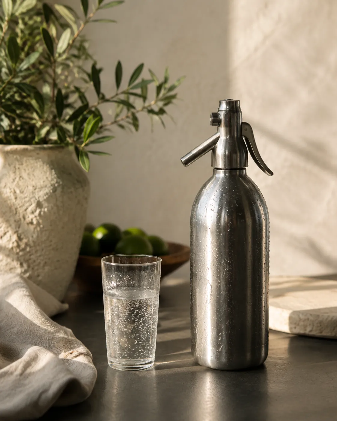 A plain metal soda siphon standing beside a filled glass, condensation on both