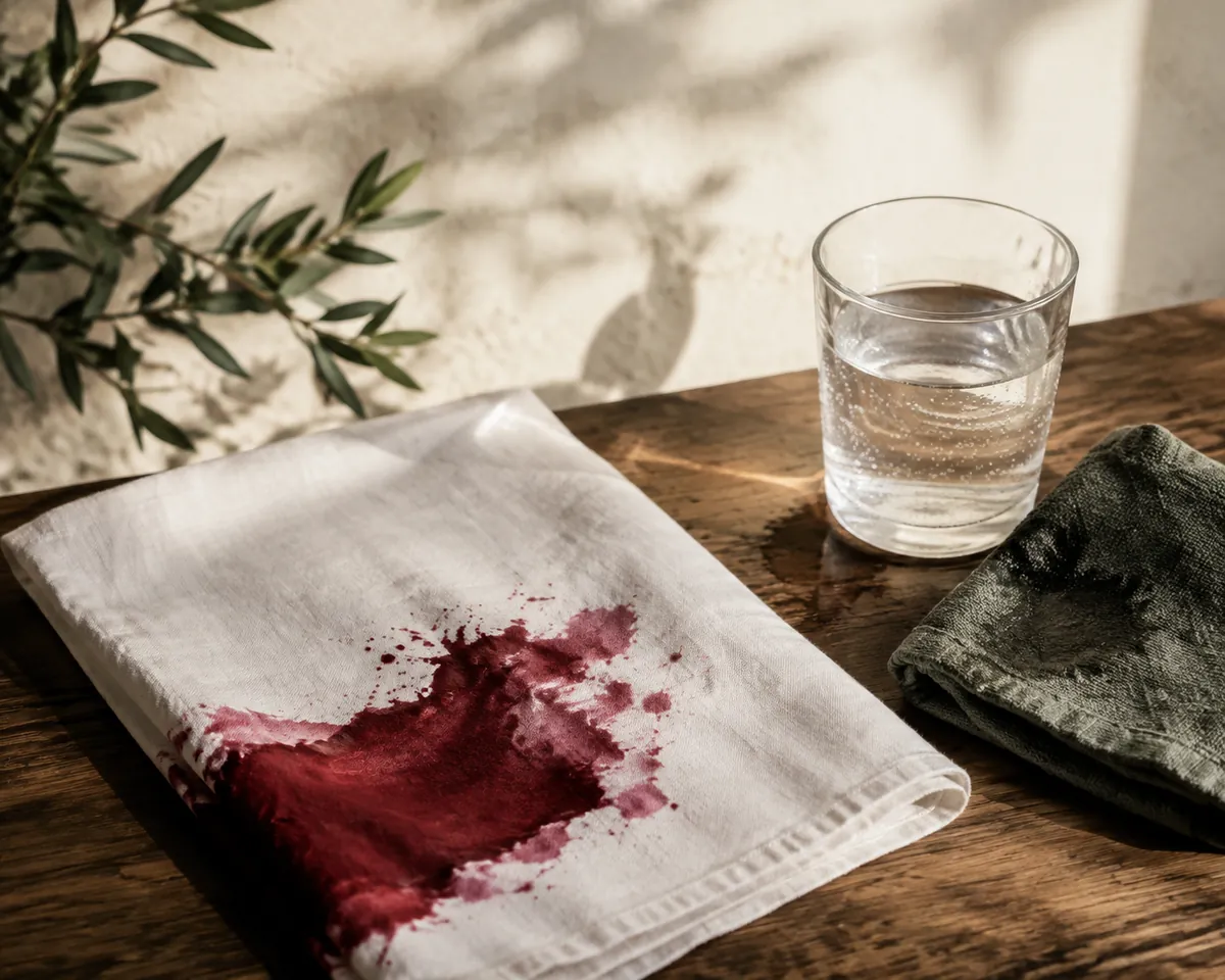 A white cotton napkin on a table with a fresh dark red spill spreading across it, a glass of soda water and a folded cloth beside it