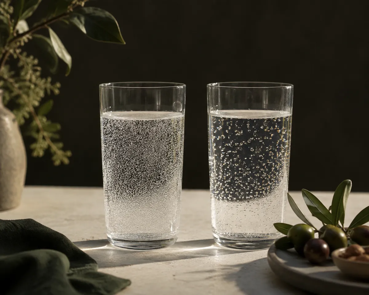 Two glasses of clear sparkling water side by side, one with slightly finer bubbles