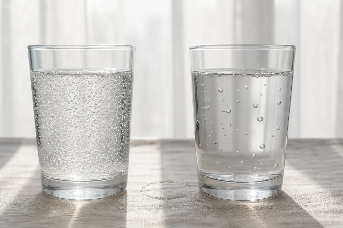 Two identical glasses of clear carbonated water side by side backlit, one with visibly finer and denser bubbles than the other