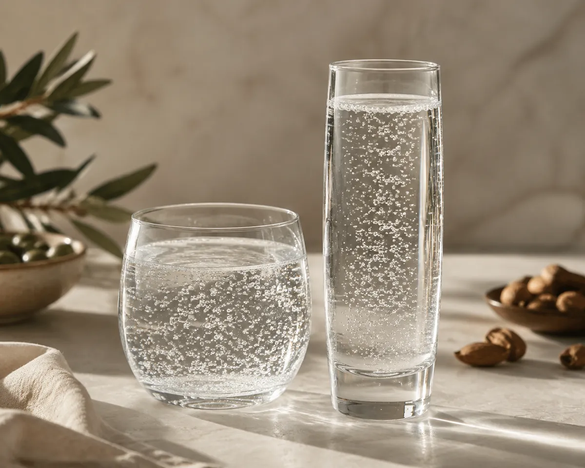 The same sparkling water in a wide tumbler and a narrow flute, the bubbles behaving differently