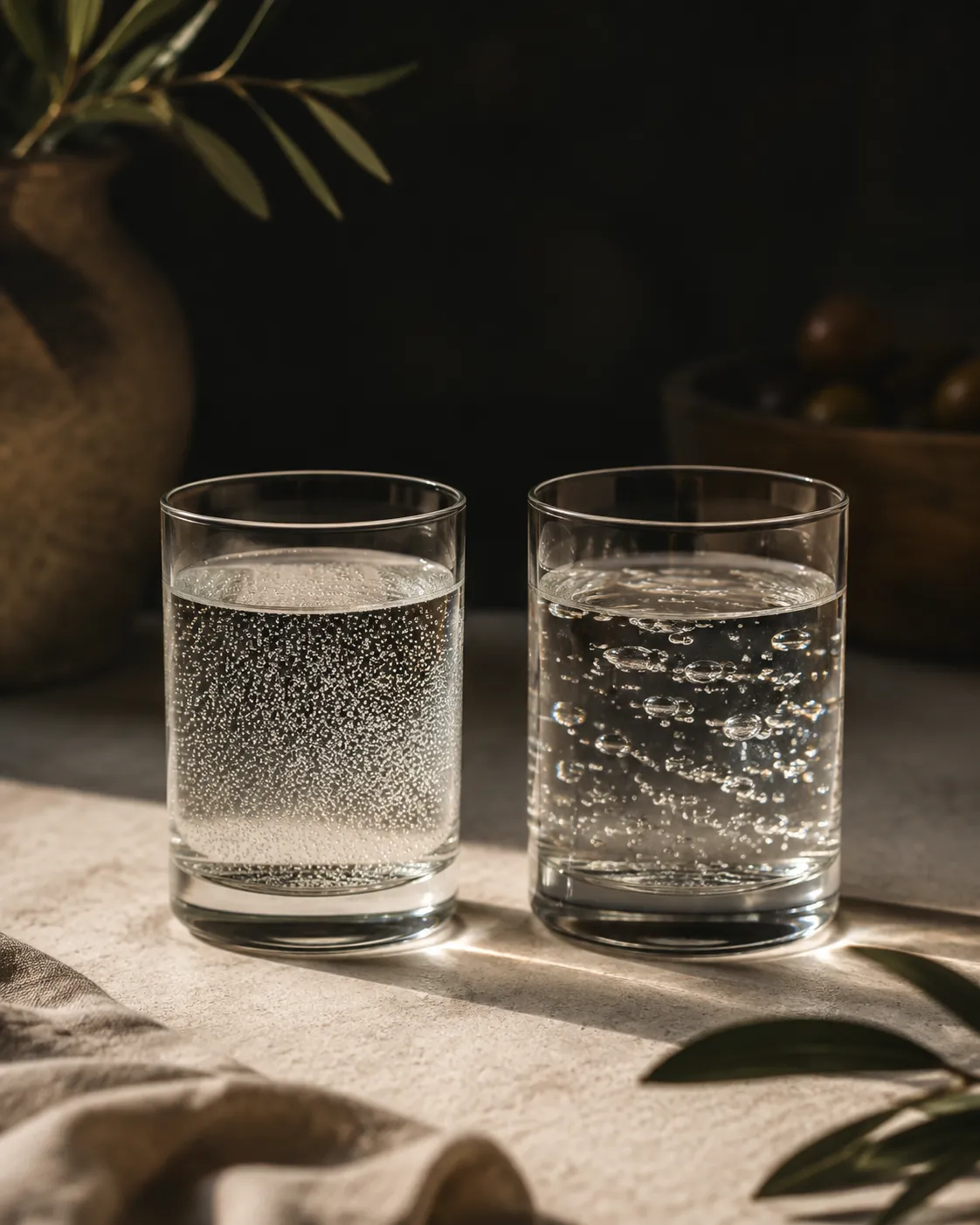 Two glasses of sparkling water, the left with fine dense bubbles and the right with coarser ones