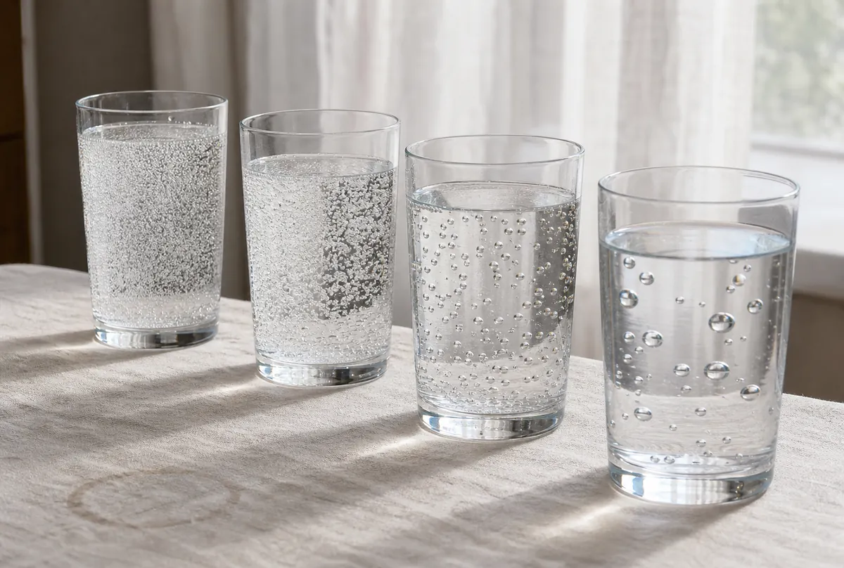 Four glasses of sparkling water side by side backlit on linen, showing different bubble sizes and densities