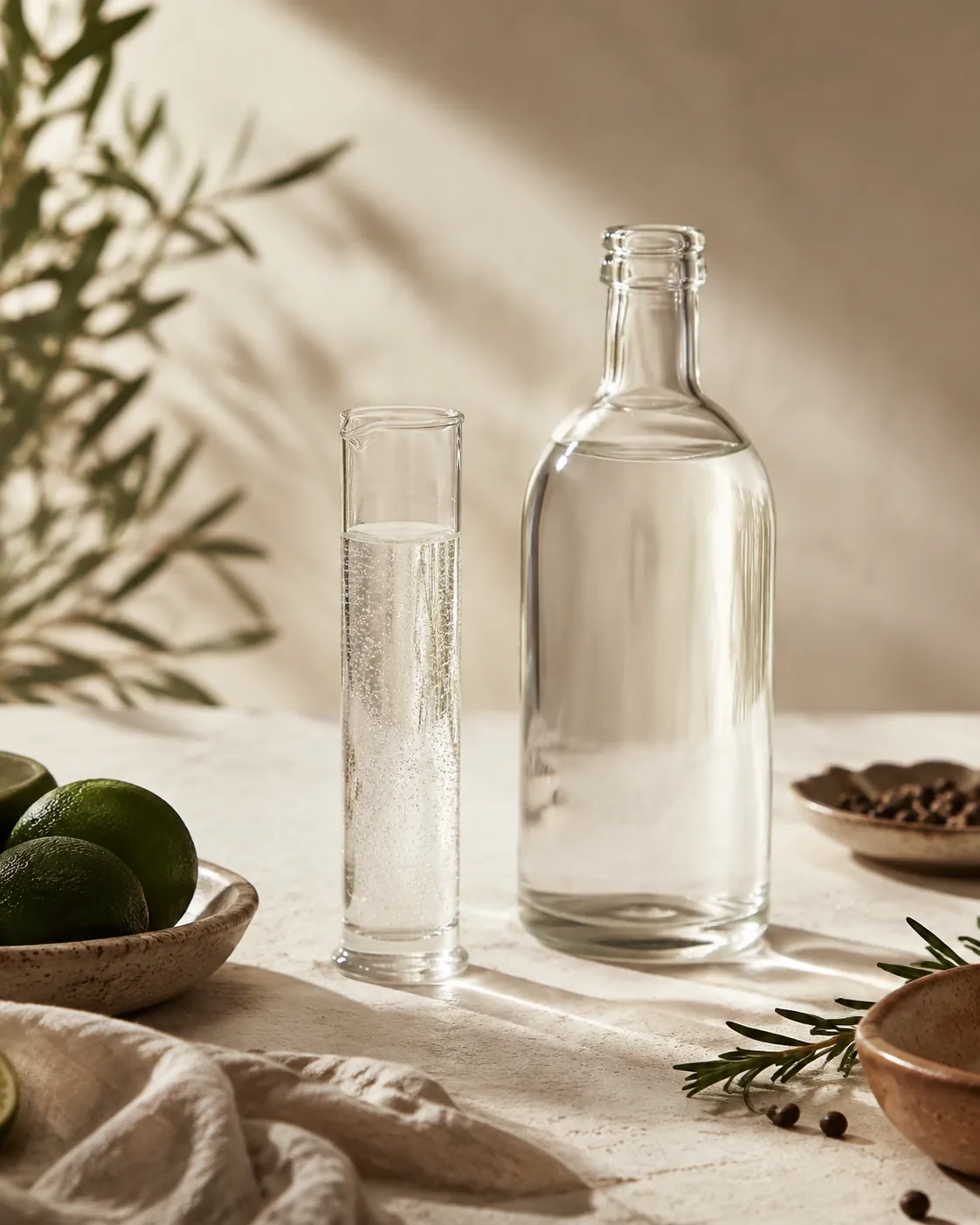 A small measuring cylinder of clear tonic beside a bottle, lit from behind