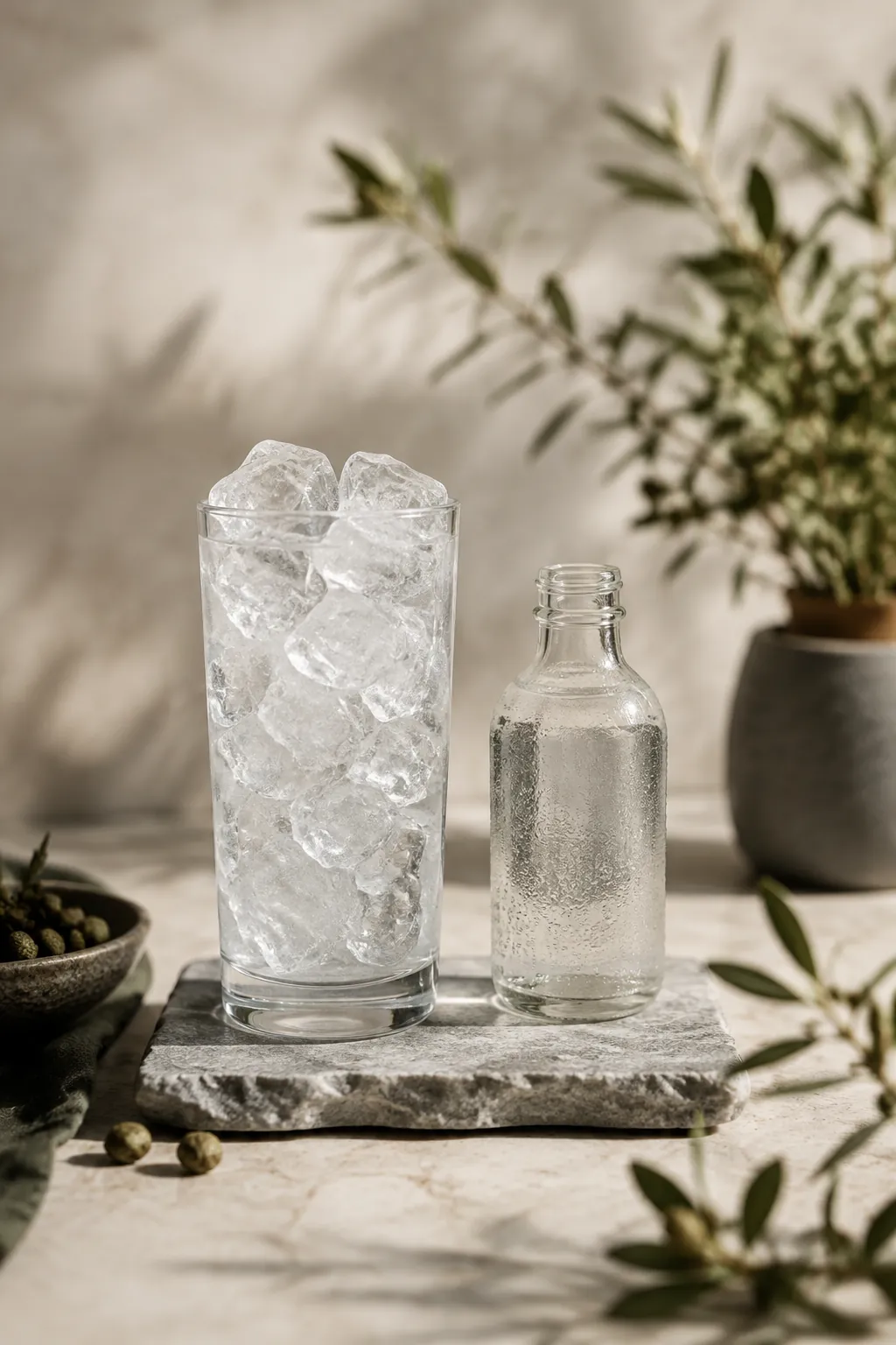 A tall glass filled to the rim with large clear ice cubes beside a small chilled bottle beaded with condensation