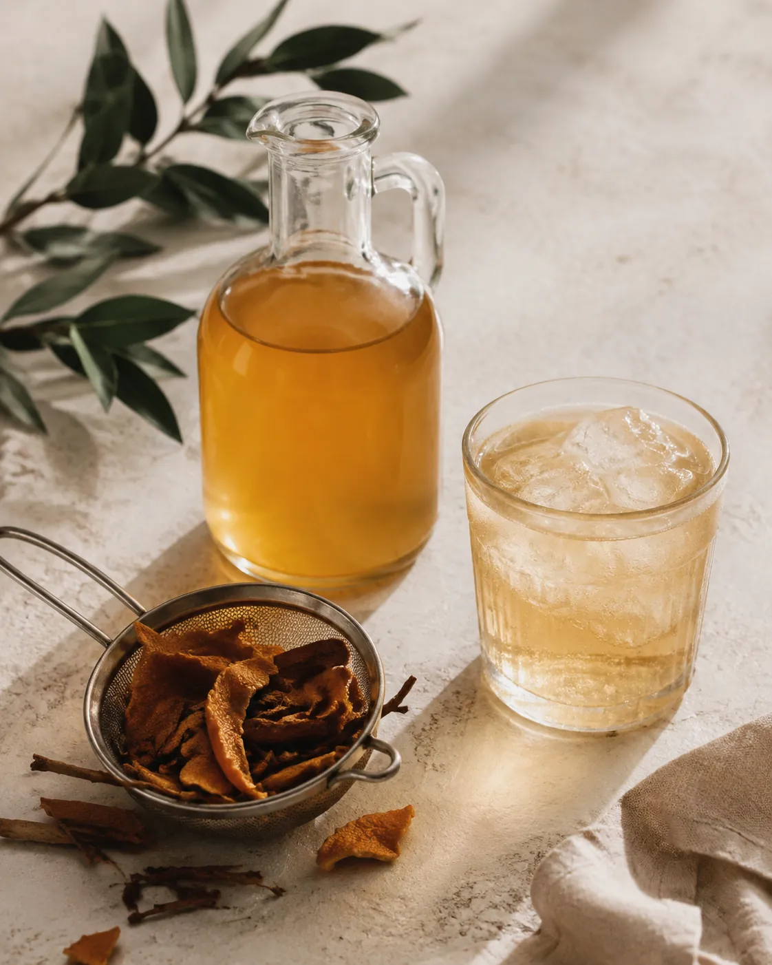 A jug of clear tonic syrup beside a strainer of spent botanicals and a filled glass