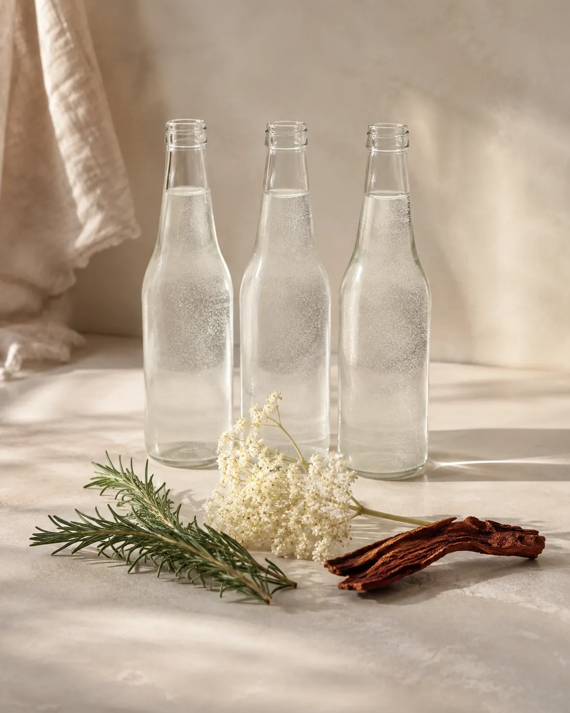 Three plain unlabelled tonic bottles in a row with a sprig of rosemary, an elderflower head and a piece of dried bark laid in front of them