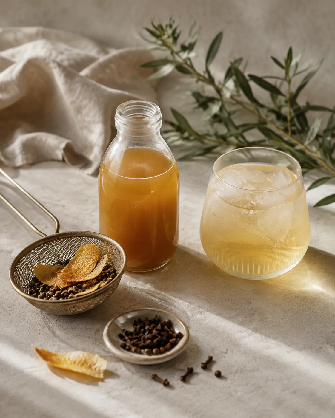 A small bottle of amber tonic syrup beside a strainer of spent botanicals and a filled glass