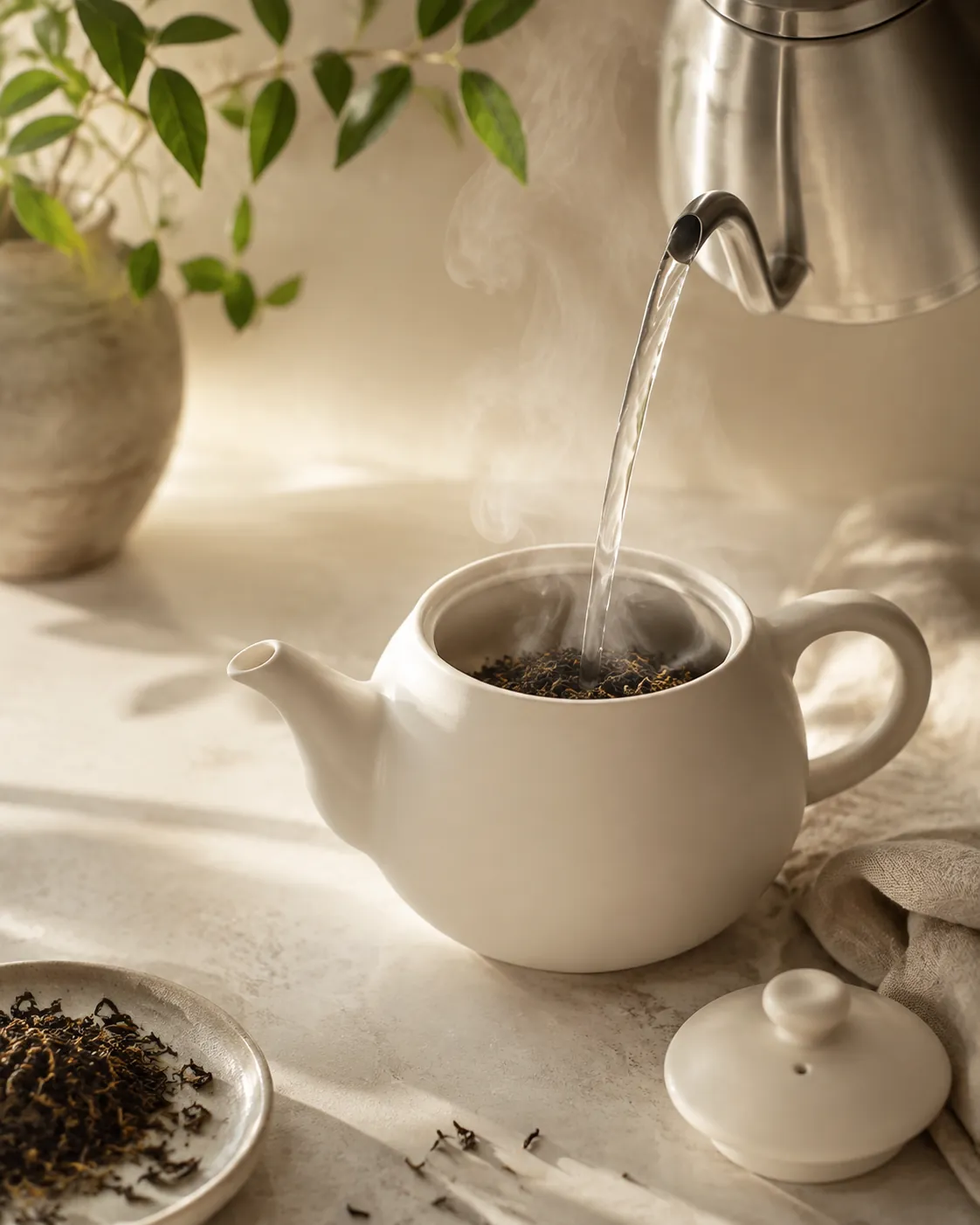 Boiling water pouring from a kettle into a warmed white teapot half full of dark tippy tea leaf, steam rising
