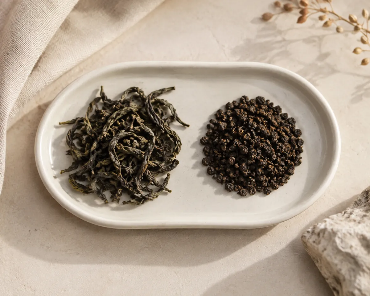 A shallow white tray holding two heaps of dry tea, long twisted whole leaf on one side and small uniform dark granules on the other
