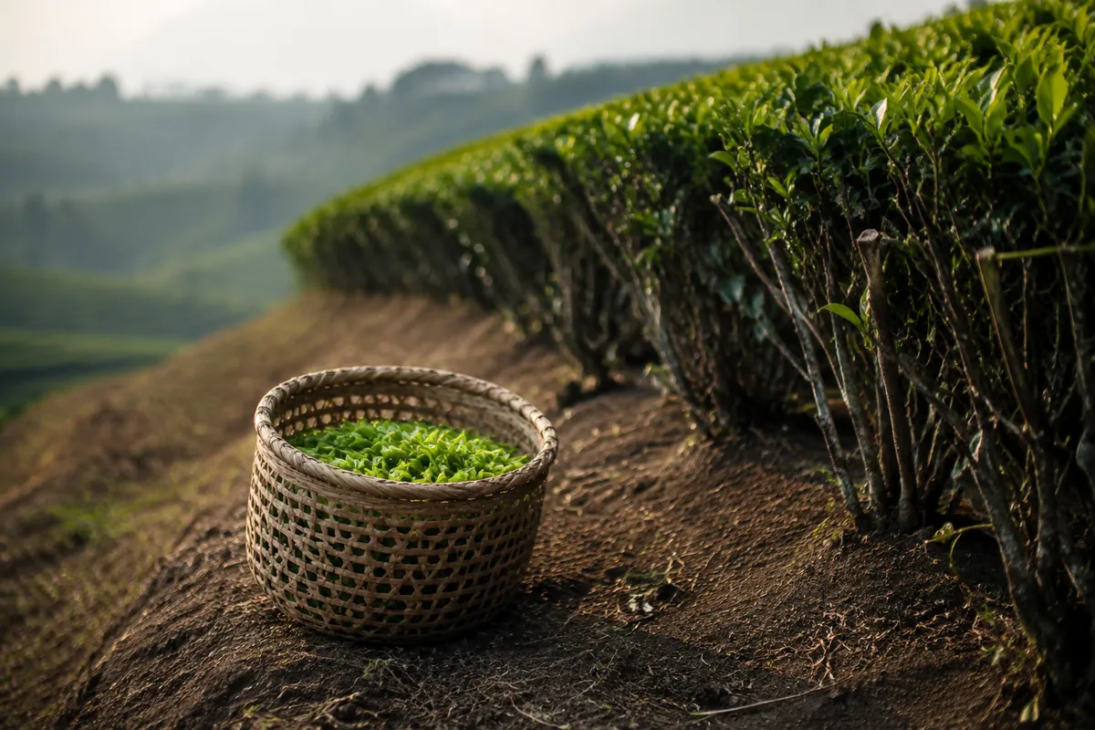 A woven cane basket half full of freshly plucked bright green tea shoots resting on the ground beside a trimmed tea bush in low early light