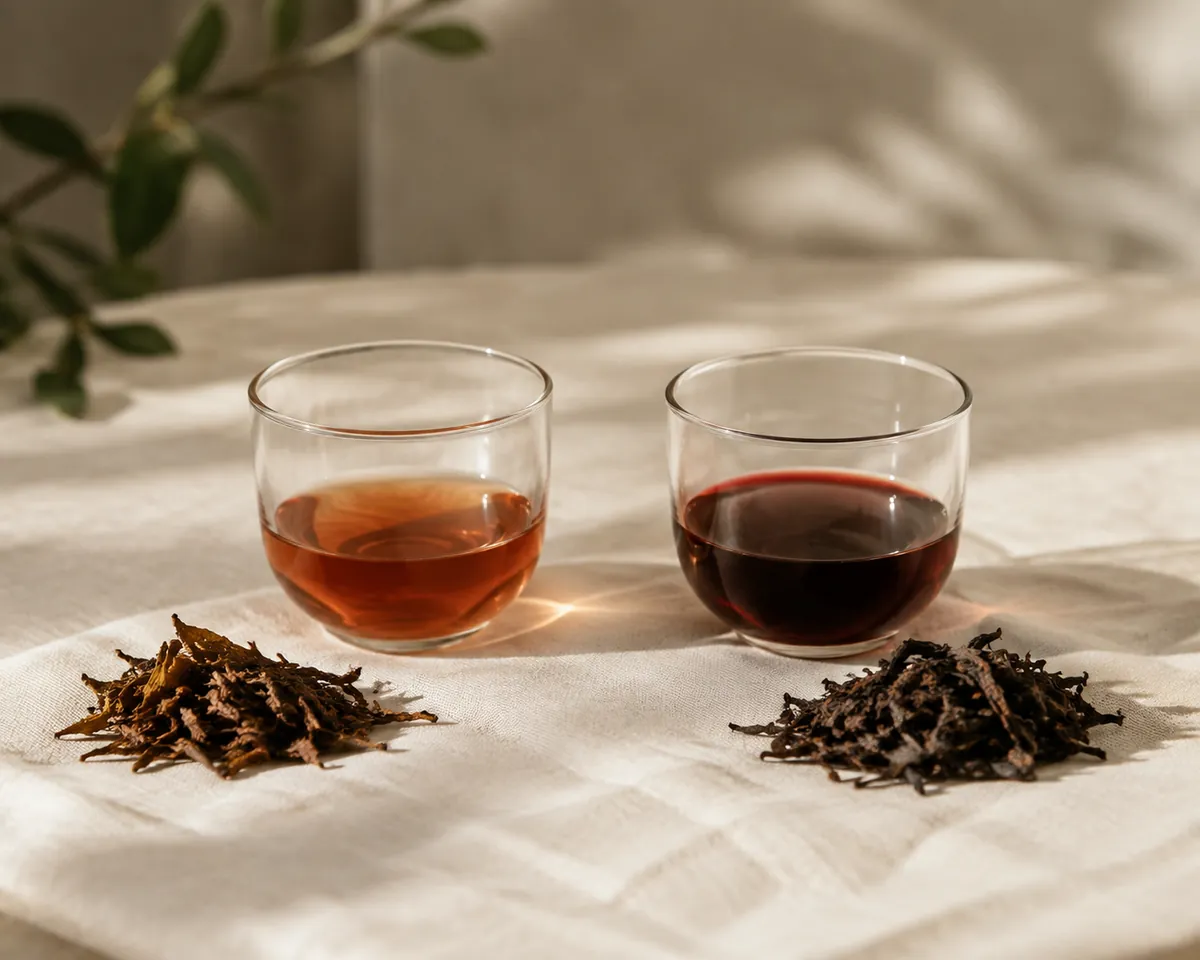 Two glass tasting cups side by side, the left a lighter coppery liquor and the right a deep dark red-brown, with dry leaf beside each