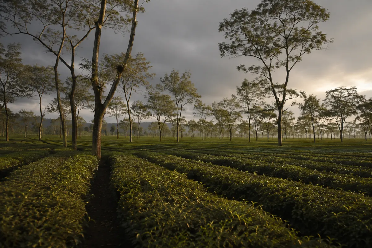 Flat rows of tea bushes running to the horizon under tall shade trees on level ground, low grey monsoon cloud above