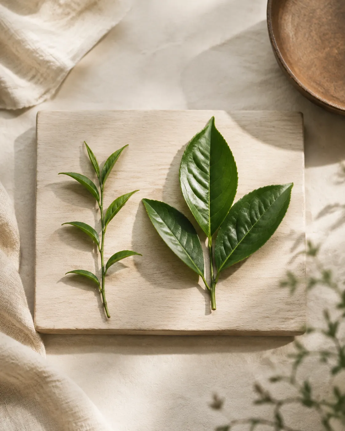 Two fresh tea shoots laid side by side on a pale board, one with small narrow leaves and one with markedly larger broader glossy leaves