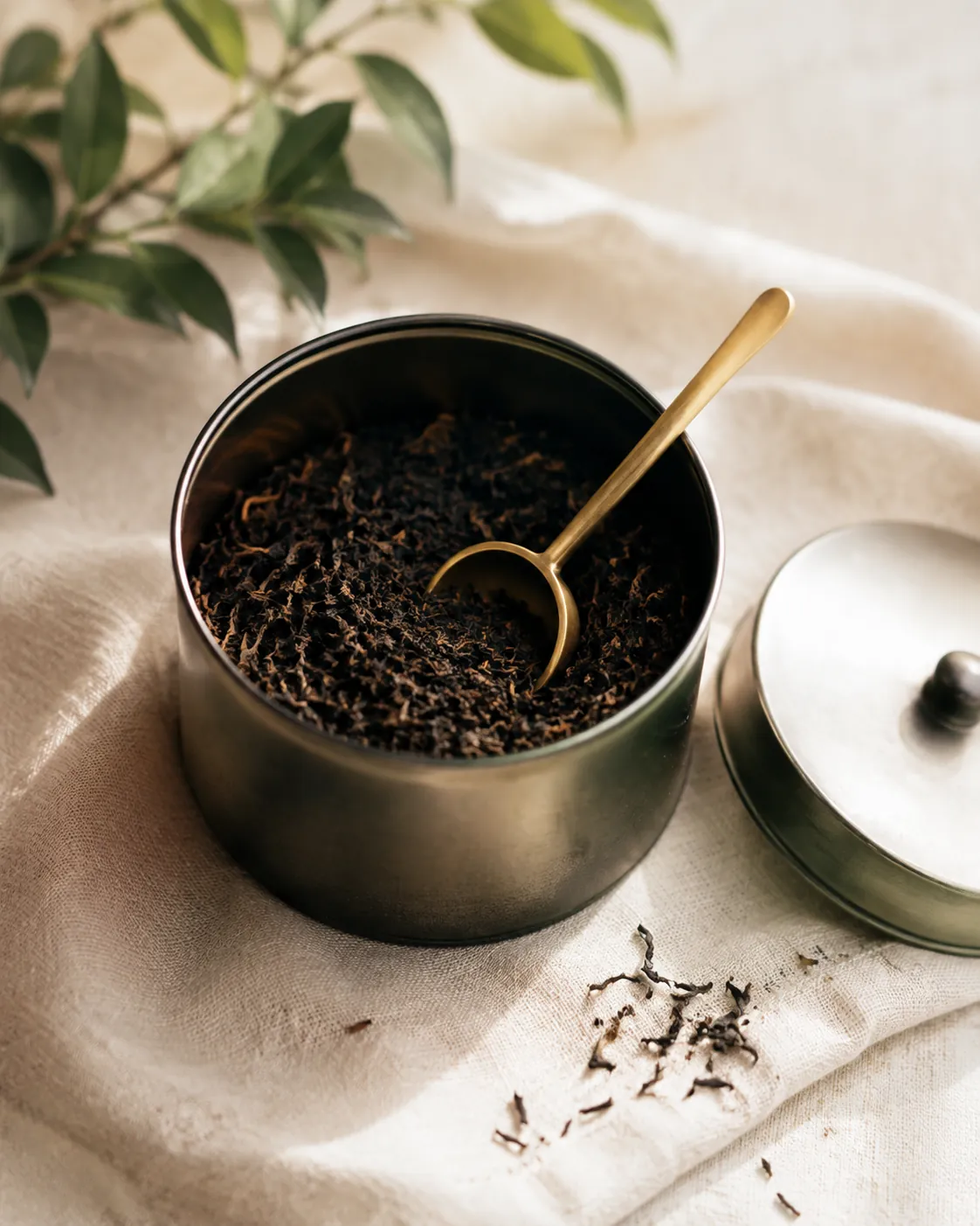An open tin of dark tippy Assam leaf with a small brass scoop resting in it on a linen cloth