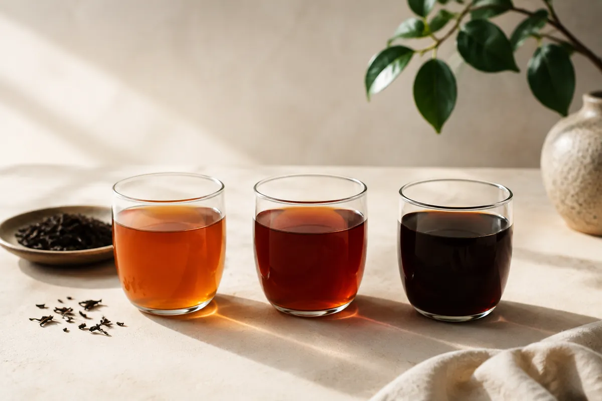Three identical glass cups of the same tea brewed for increasing times, running from light copper through deep red to almost opaque brown
