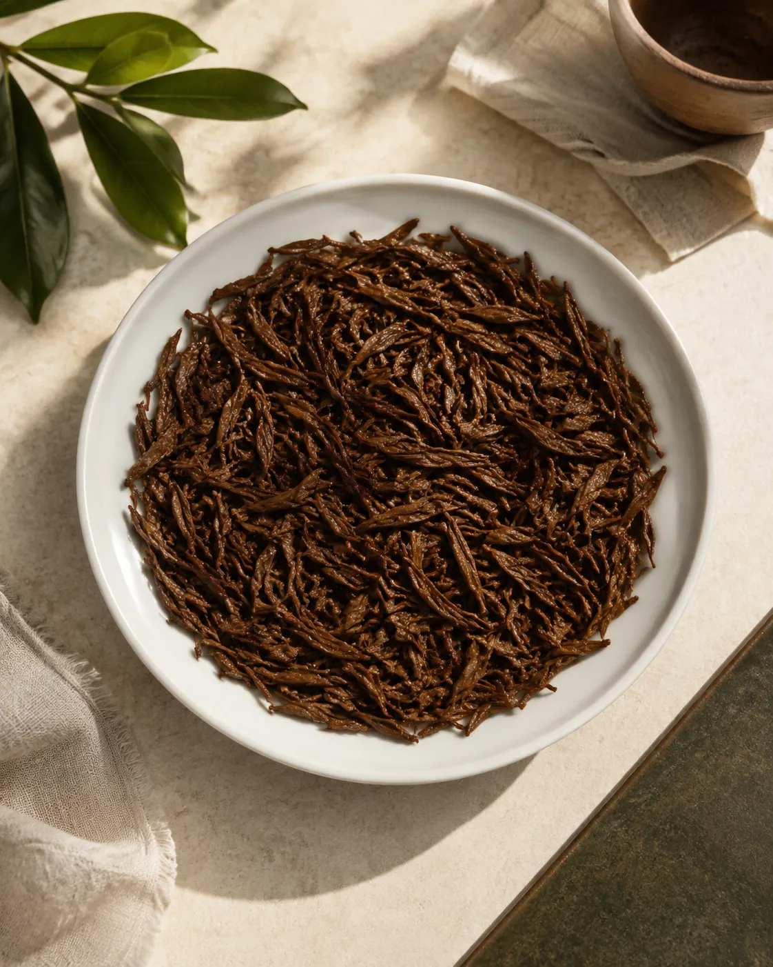 Spent wet tea leaf spread across a white porcelain dish, uniformly deep coppery brown from edge to centre