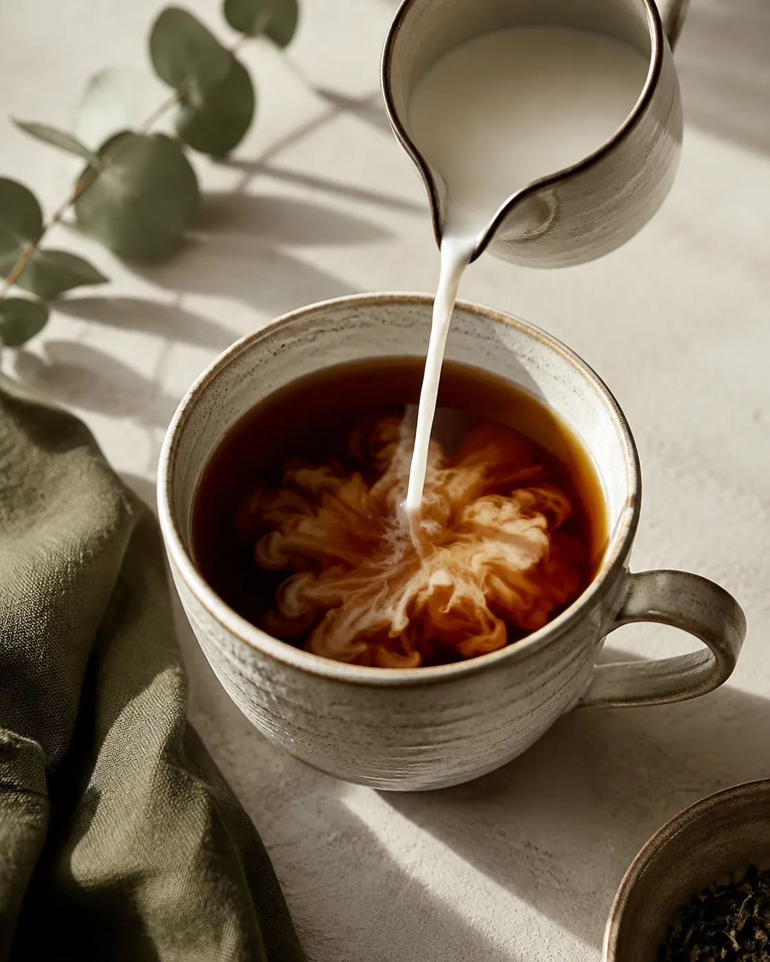 A stream of milk falling into a mug of very dark red-brown tea and blooming into a pale cloud through the liquor