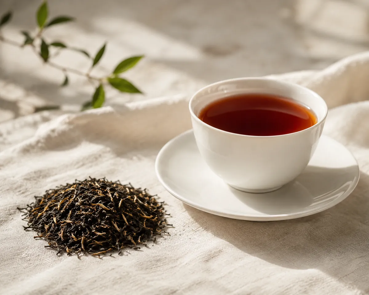 A white cup of deep red-brown Assam tea beside a heap of dark dry leaf flecked with golden tips