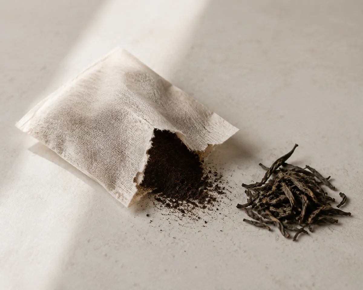 A plain paper tea bag torn open on a white surface with fine dark tea dust spilling out, a small heap of whole twisted leaf beside it