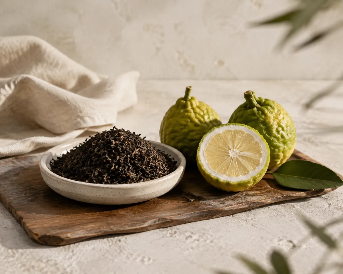 A shallow dish of dark loose black tea beside two whole bergamot fruits, one of them cut open to show the pale flesh