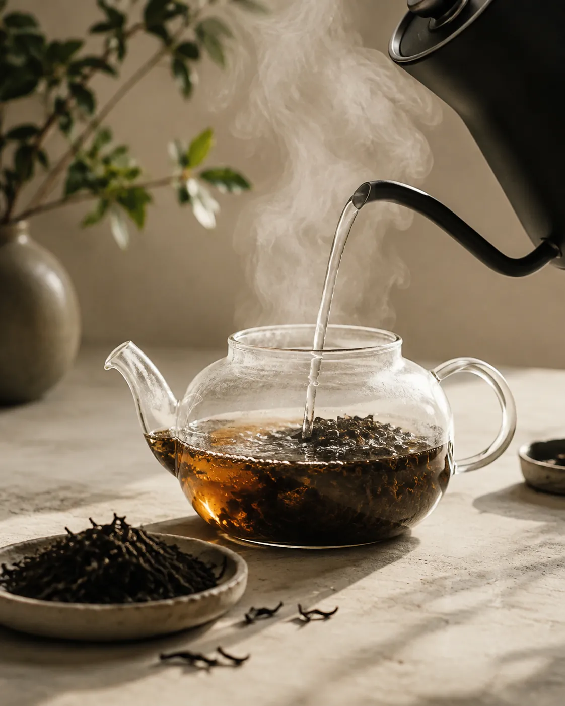 Boiling water pouring from a kettle into a clear glass teapot of dark twisted tea leaf, the liquor already turning deep amber