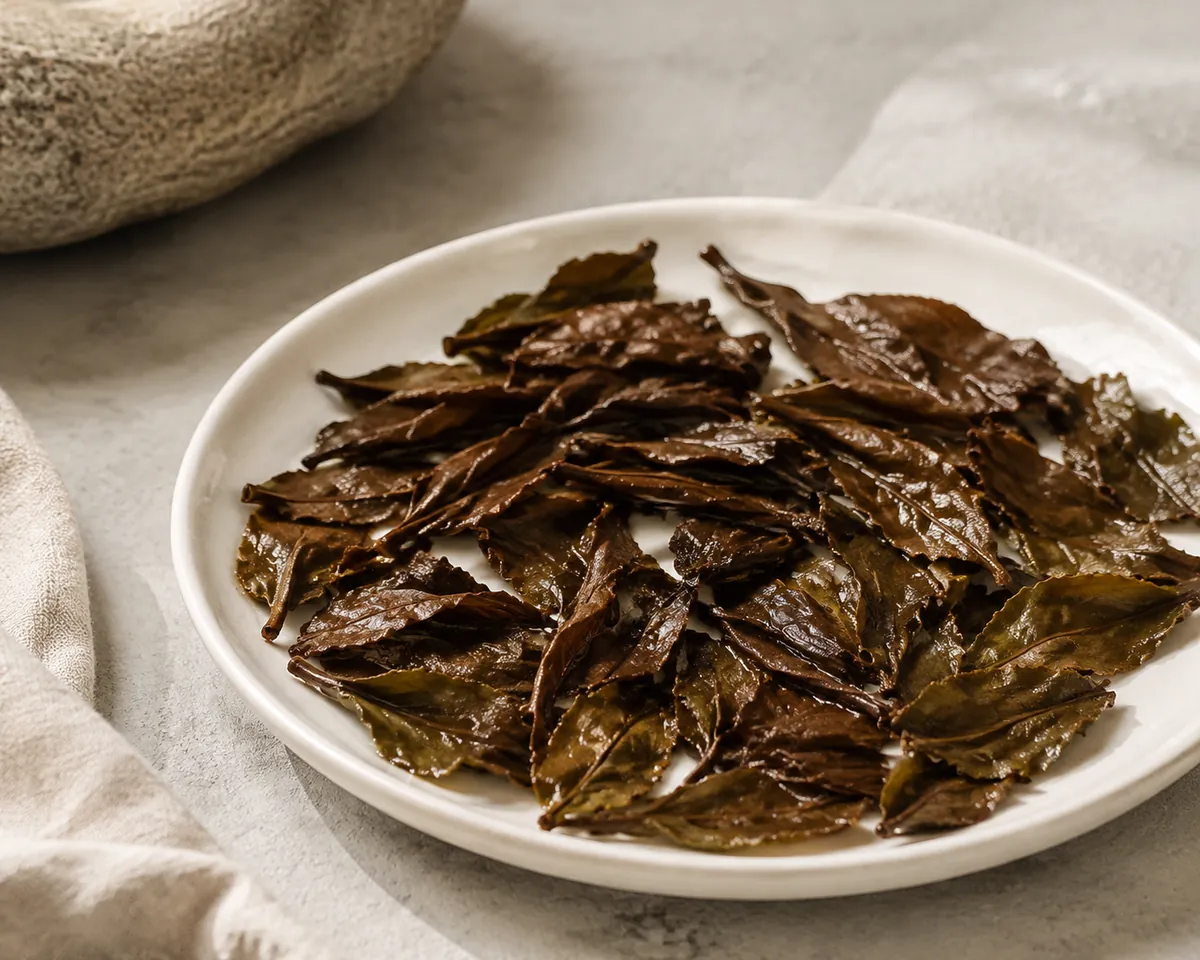 Spent wet tea leaf spread across a white dish, the leaves brown at the centre with green edges still showing