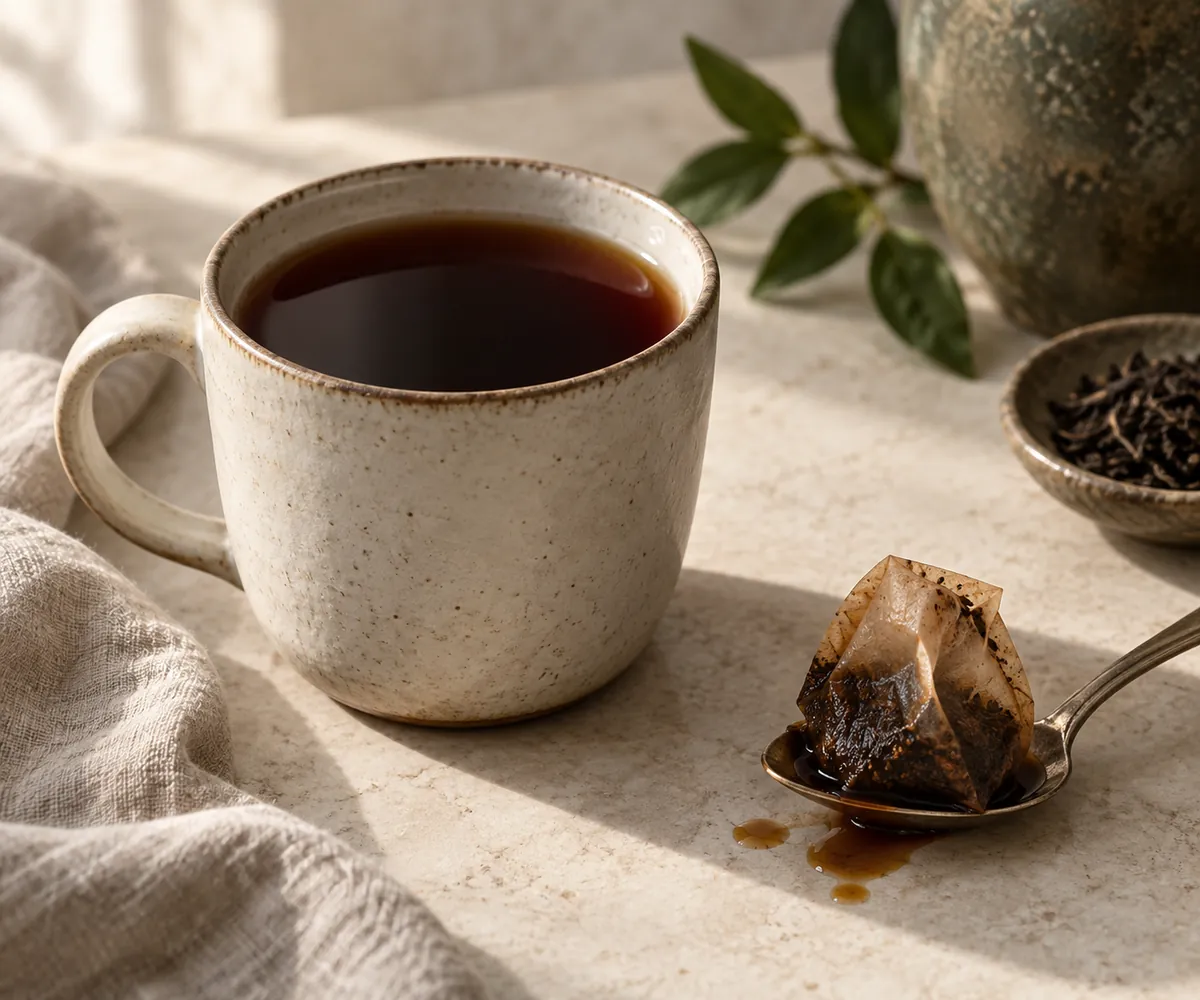 A mug of over-steeped black tea beside a used teabag resting on a spoon
