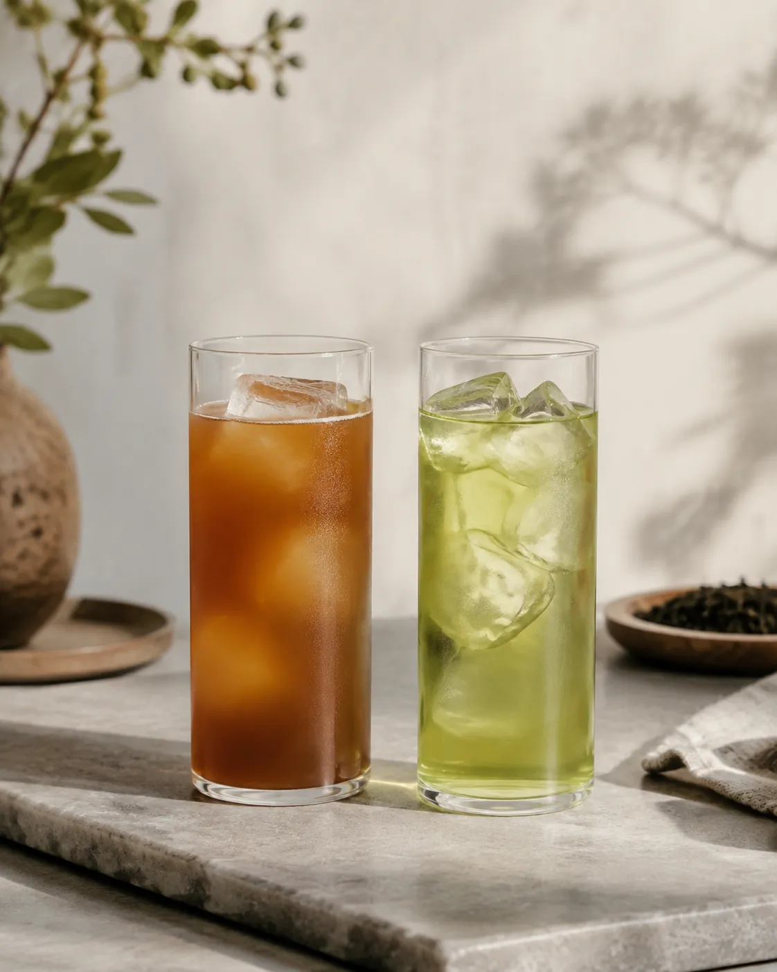 Two tall glasses of iced tea, the left hazy and dull brown, the right clear pale green