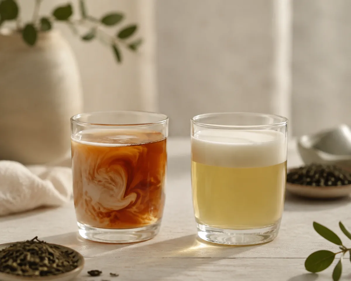 Two glass cups side by side, milk swirling into deep red tea on the left and sitting as a pale cloud in pale green tea on the right
