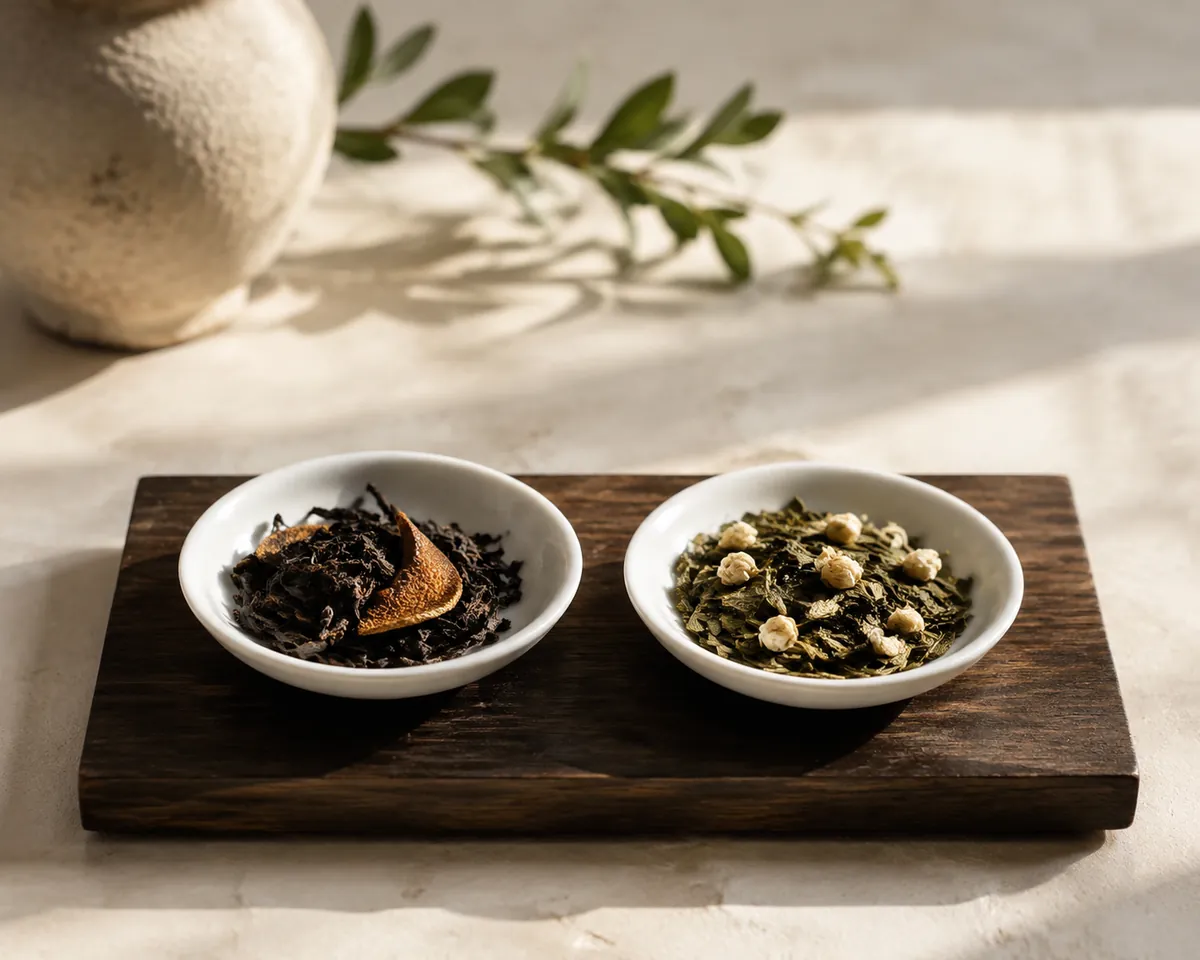 Dry black tea leaf with a strip of citrus peel on one dish and green leaf with dried jasmine flowers on another