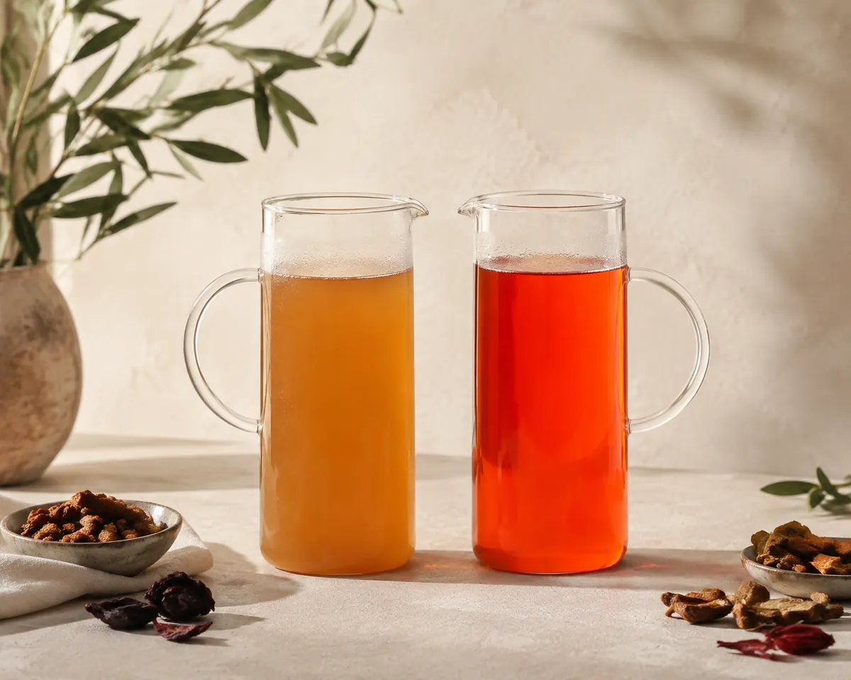 Two glass jugs of chilled infusion side by side, the left clouded to a dull hazy tan and the right clear bright orange-red