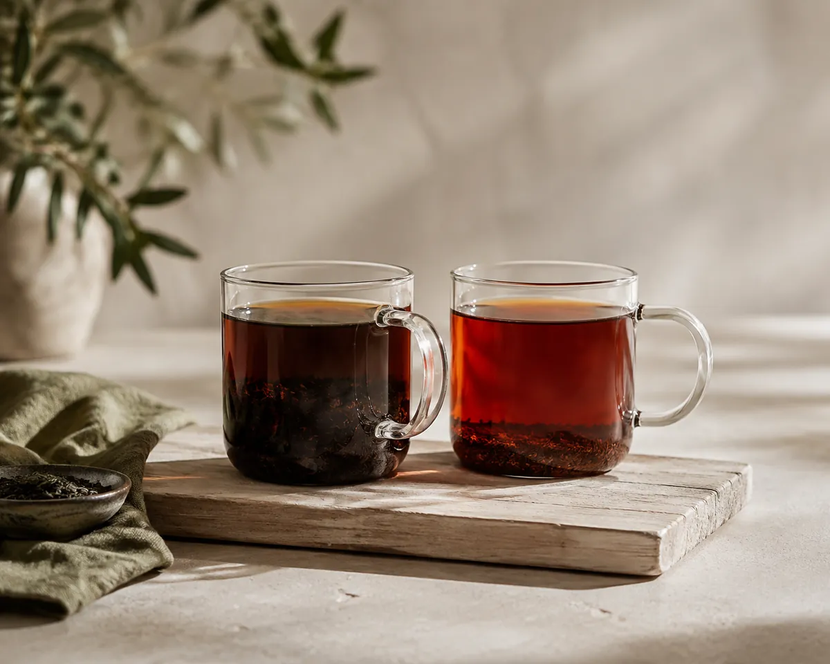 Two glass mugs left standing with their leaf still in, the left holding very dark over-steeped black tea and the right deep red rooibos, leaf settled in the base of each