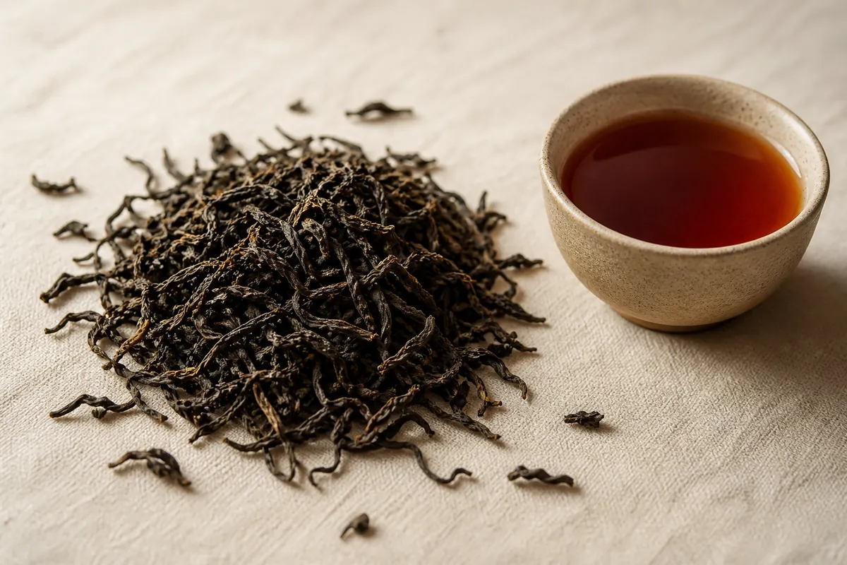 Dry black tea leaves, long and twisted, on a pale surface