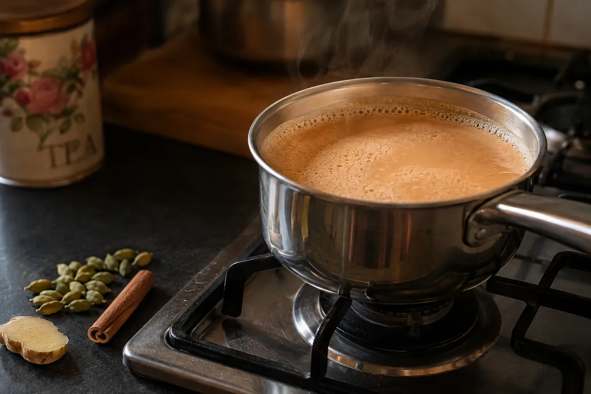 A pan of simmering spiced milk tea beside whole cardamom, cinnamon and ginger