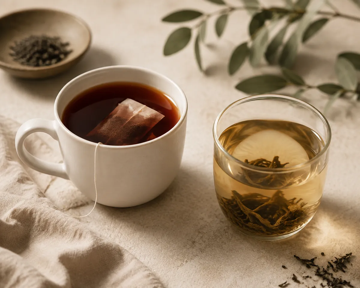 A plain paper tea bag steeping in a white mug of dark brown liquor beside a clear glass cup of pale gold whole-leaf tea