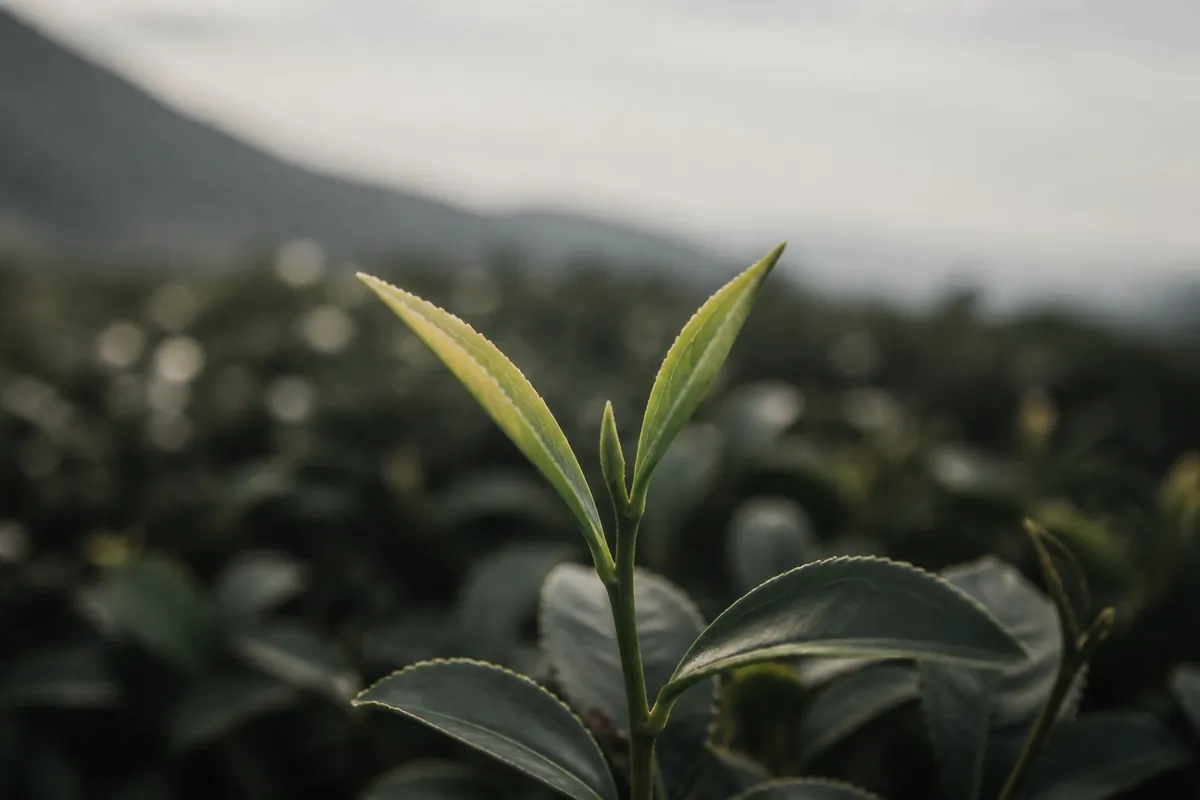 Young tea shoots on a bush, the small bright green leaves mottled and slightly curled at the edges