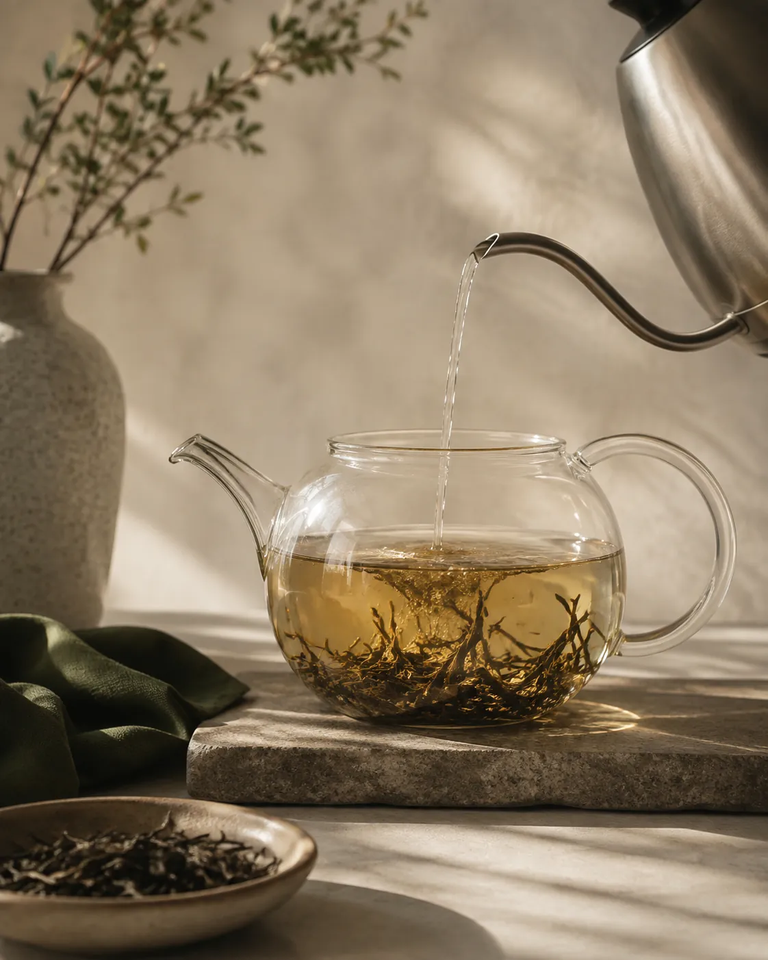 A gooseneck kettle pouring a thin stream of hot water into a wide glass teapot where long wiry tea leaves are unfurling