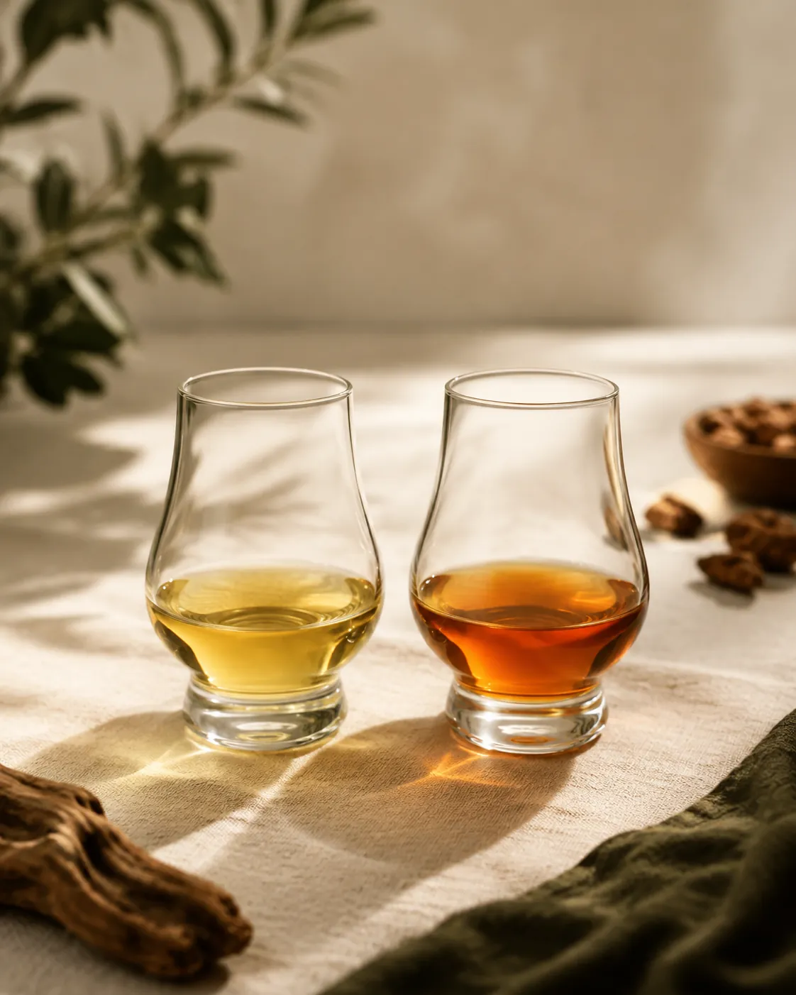 Two glass cups of brewed tea side by side, the left a pale straw gold and the right a clear coppery amber, on a white cloth