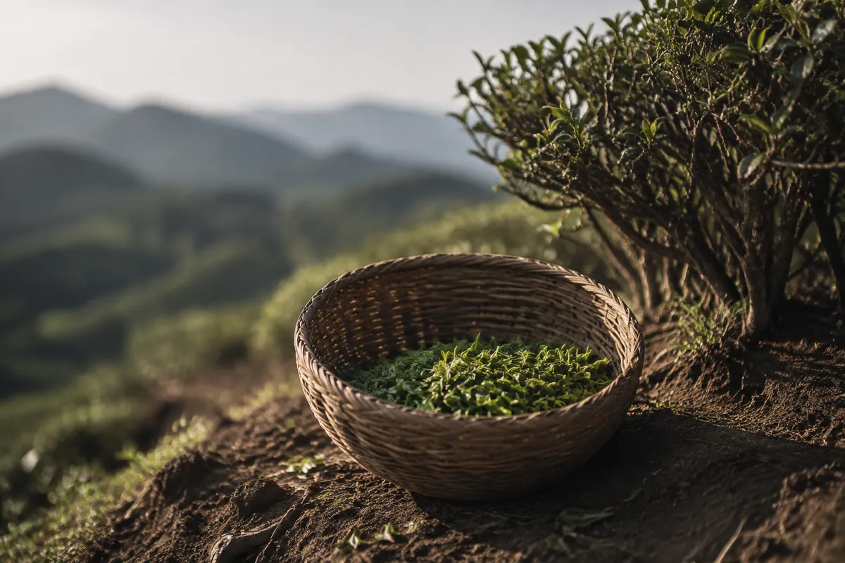 A woven cane basket half full of freshly plucked green tea shoots resting on the ground beside a tea bush