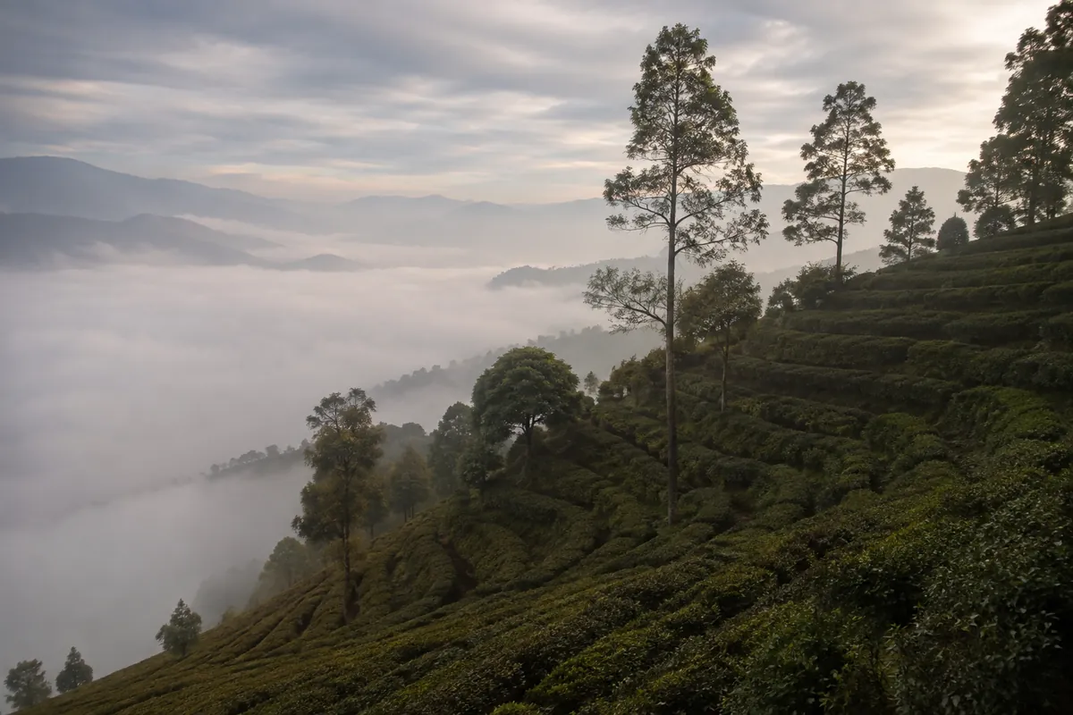 Steep terraced rows of tea bushes running down a Himalayan hillside into low cloud, with tall shade trees standing between the terraces